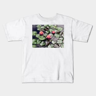 Pink Water Lilly Flower Trio floating on a Garden Pond Kids T-Shirt